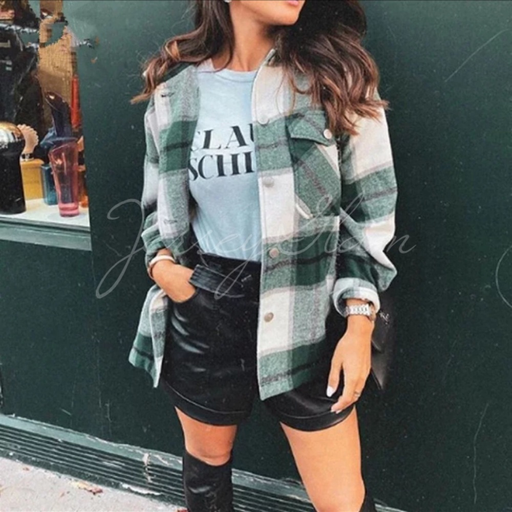 SOLD OUT Green Plaid Oversized Flannel Shacket Shirt Jacket - Picture 1 of 11